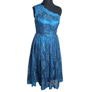 2000s y2k Teal Blue One Shoulder Floral Lace Fit Flare Midi Dress Small Vintage
